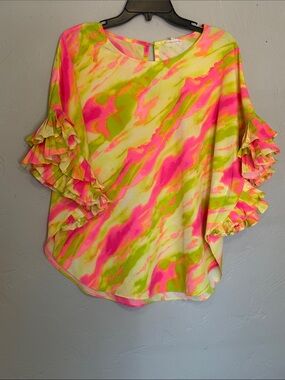 JODIFL Boutique Pink Yellow Blue Green Layered Ruffle Sleeve Top sz Small ( L1)